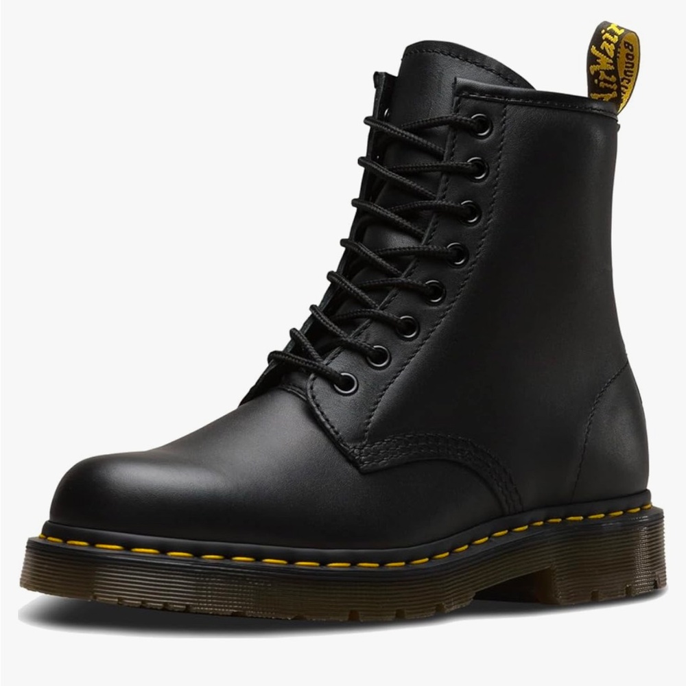 Dr. Martens Black Leather 8-Eye Combat Boots with Yellow Stitching